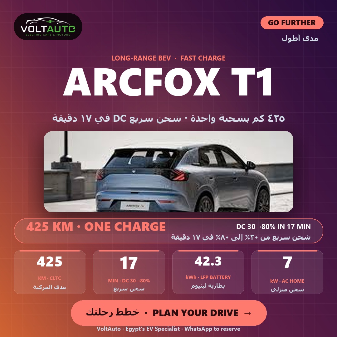 Arcfox T1 MAX — 425 km CLTC range, DC fast charge 30 to 80 percent in 17 minutes, 42.3 kWh LFP battery. (square format)