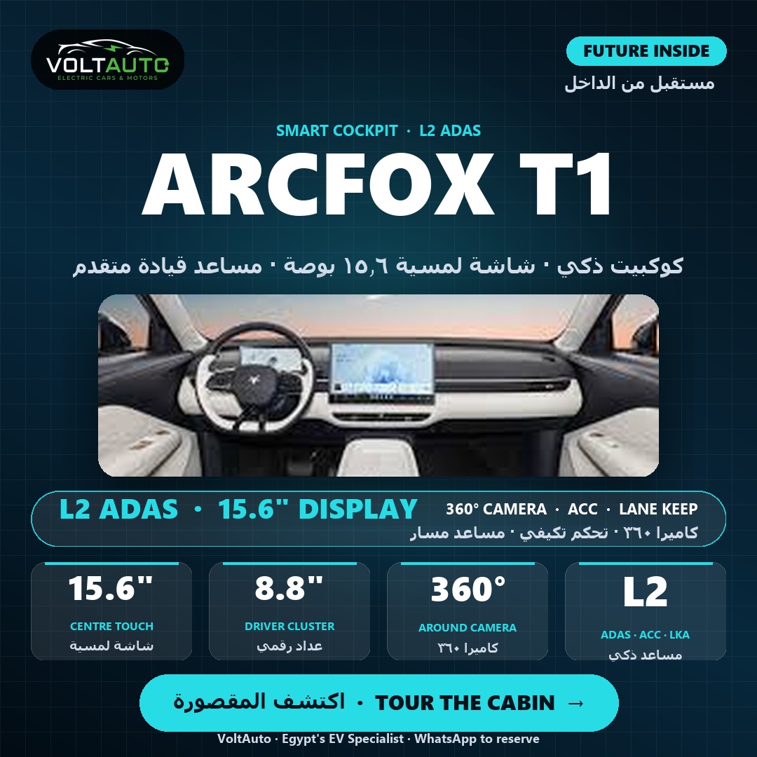 Arcfox T1 MAX — smart cockpit with 15.6" centre display, 8.8" driver cluster, 360° camera and L2 ADAS suite. (square format)